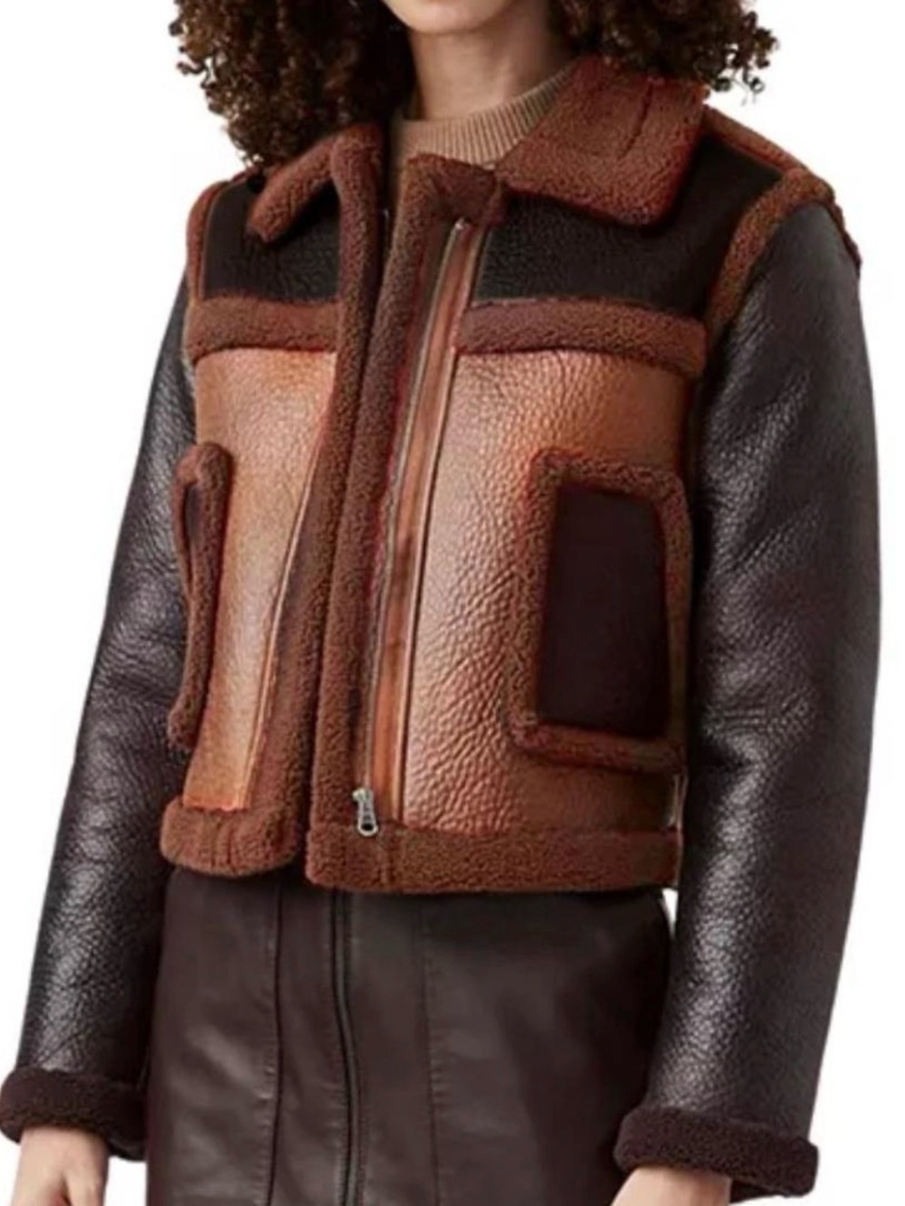 French connection Cropped Brown Shearling-Trim Moto Jacket